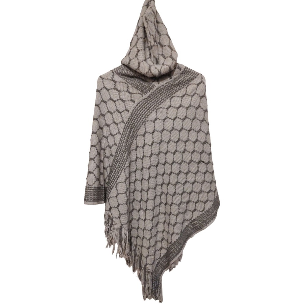 Bon‎ Voyage Hooded Poncho Sweater Gray Geometric Fringe One Size New With Tags - Picture 8 of 11